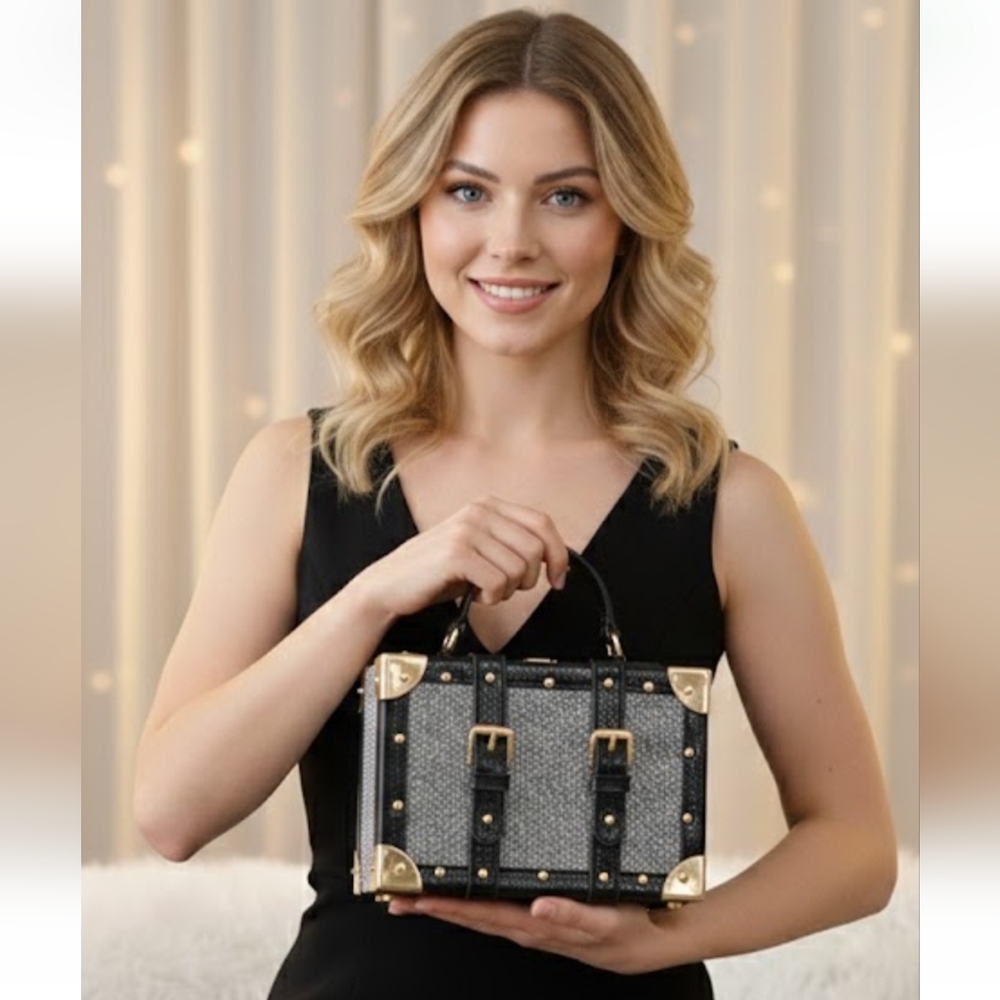 Stylish Black & Gray Trunk-Style Top-Handle Bag